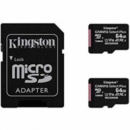 Tarjeta memoria micro sdxc 64gb kingston canvas select +  adaptador pack de 2 unidades - cl10 - r: 100mb - s  w:85mb - s